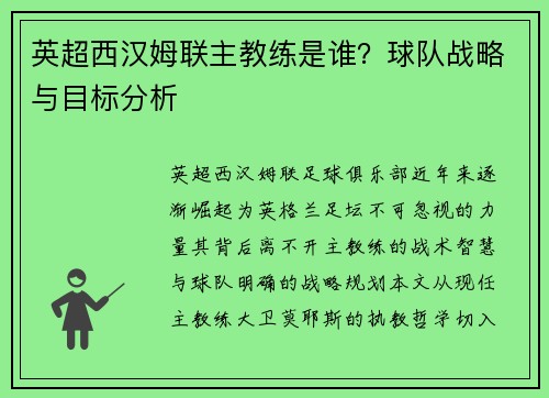 英超西汉姆联主教练是谁？球队战略与目标分析